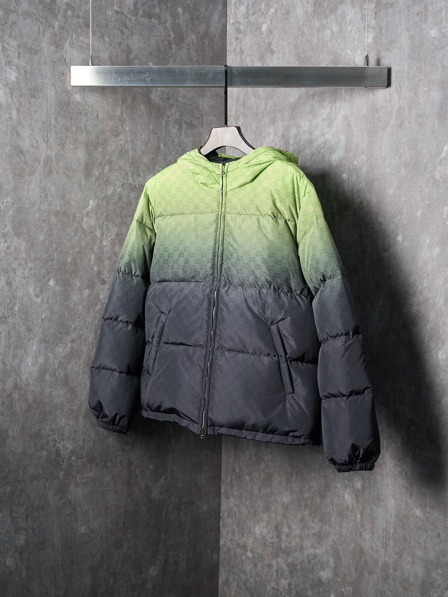 Gucci hooded puffer jacket, lime green and dark gray on hanger