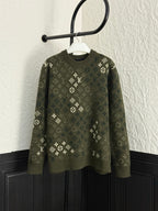 Olive green Louis Vuitton monogram knit sweater with long sleeves and crew neck