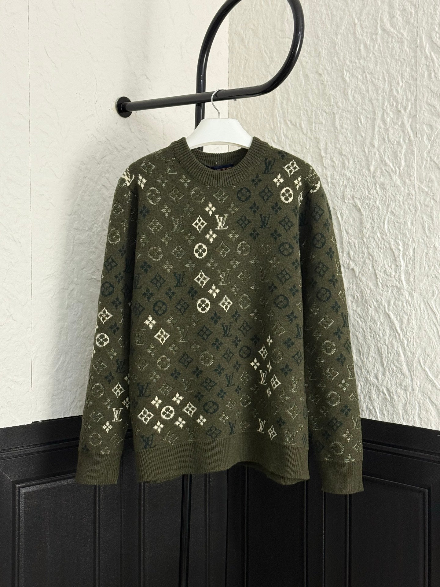 Olive green Louis Vuitton monogram knit sweater with long sleeves and crew neck