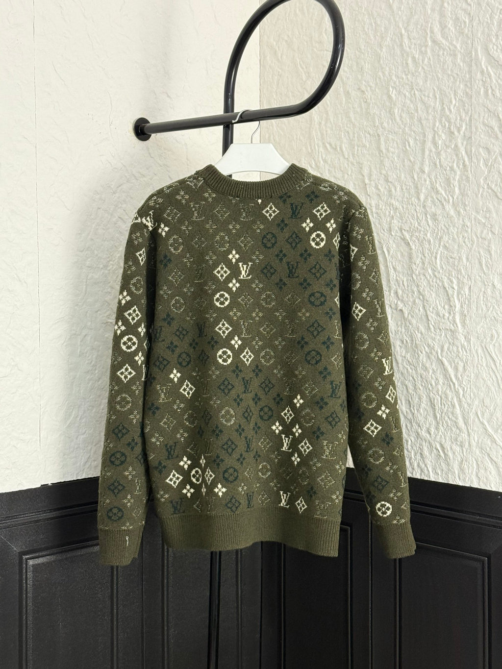 Olive green Louis Vuitton monogram knit sweater, long sleeves, crew neck (back)