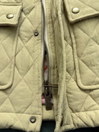 Light yellow quilted jacket showing front zipper and metal pull