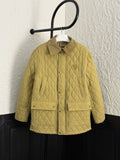 Yellow quilted kids jacket with button front and two flap pockets