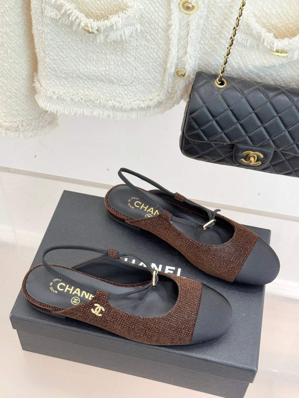 Chanel ladies flats, brown textured upper with dark navy footbed and gold hardware