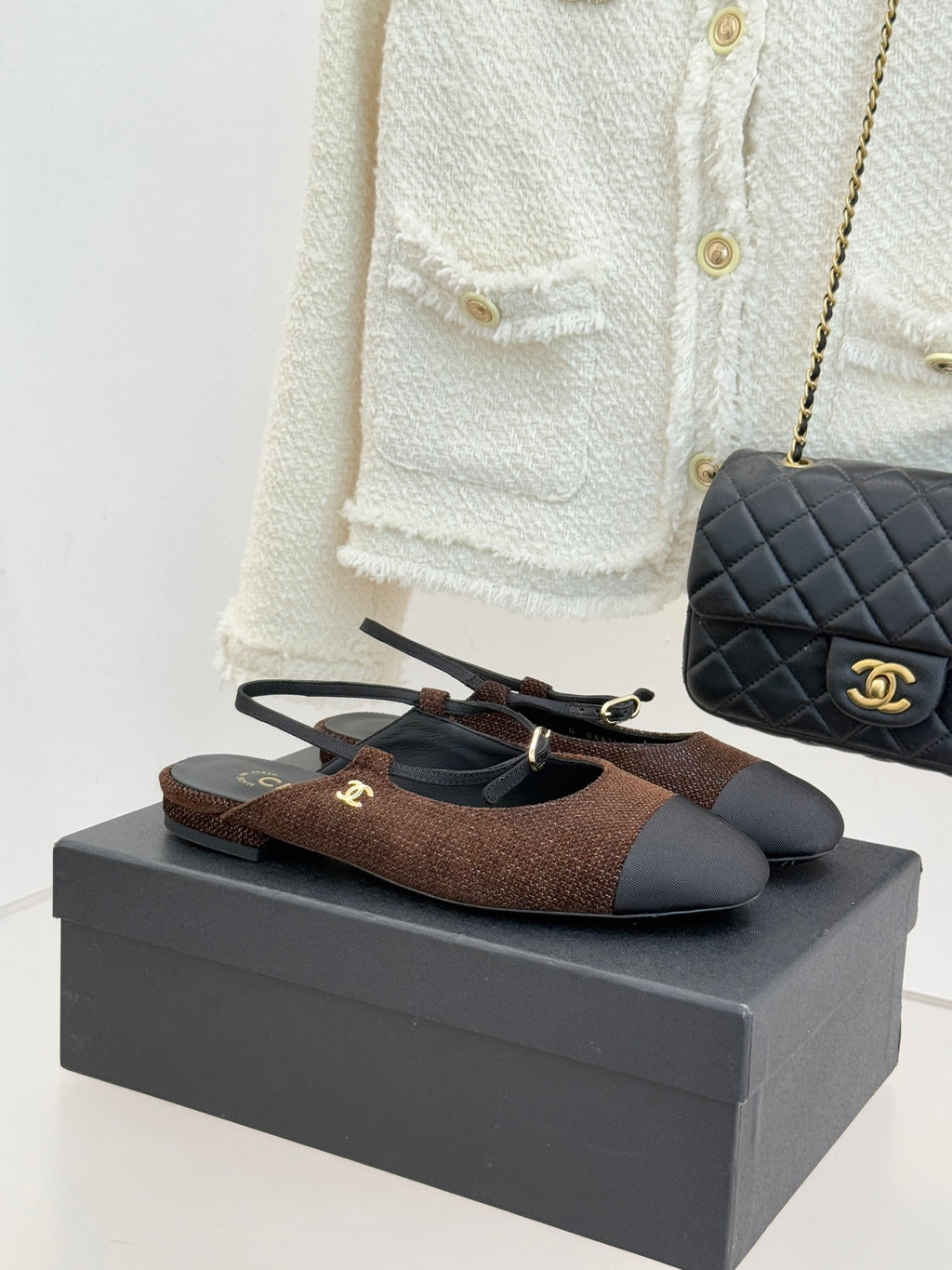 Chanel ladies flats, brown textured fabric with dark navy sole and gold CC detail