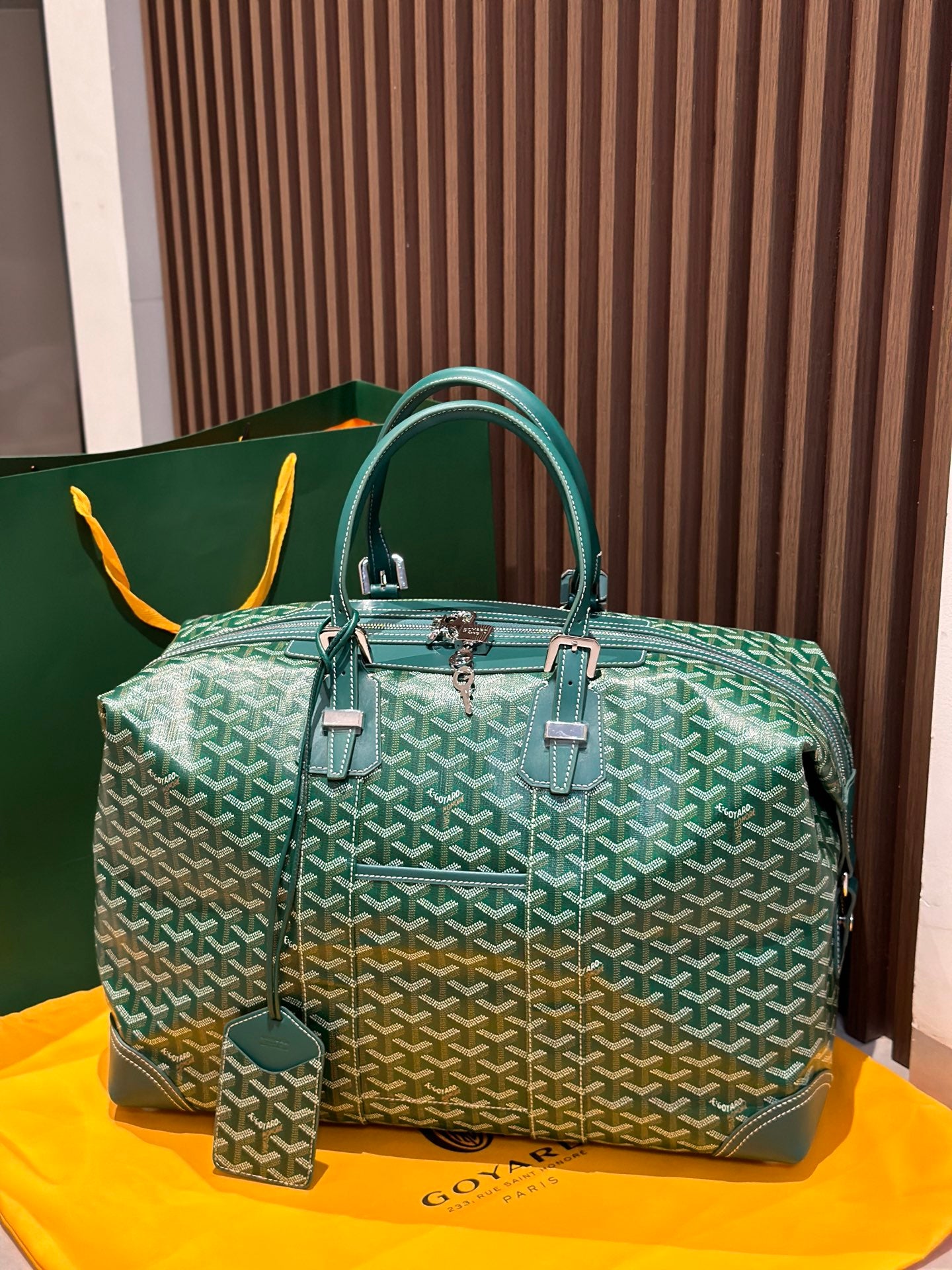 Goyard green patterned duffel bag with top handles and front zipper pockets