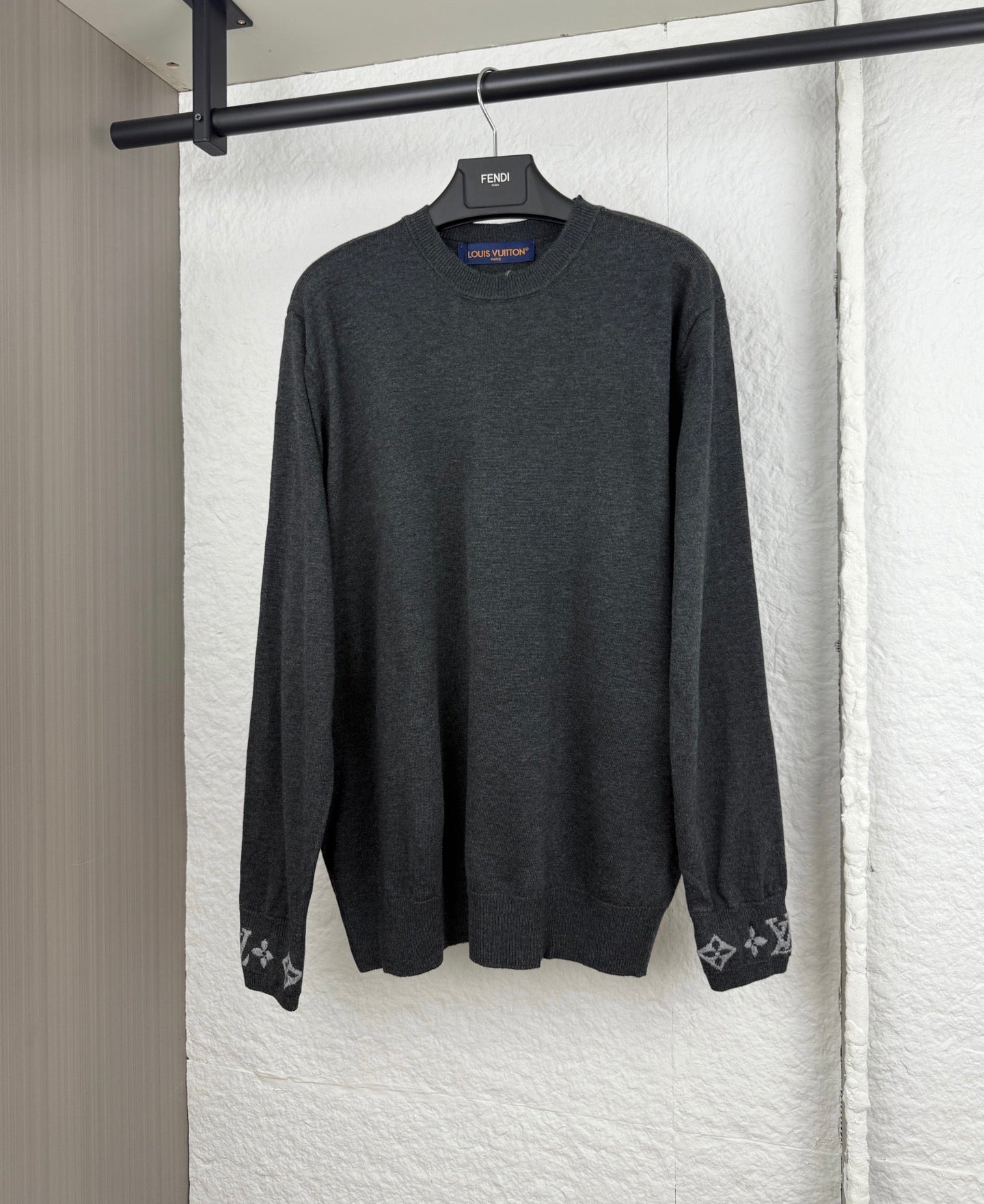 Louis Vuitton long-sleeve sweater, dark gray crewneck with monogram cuff details