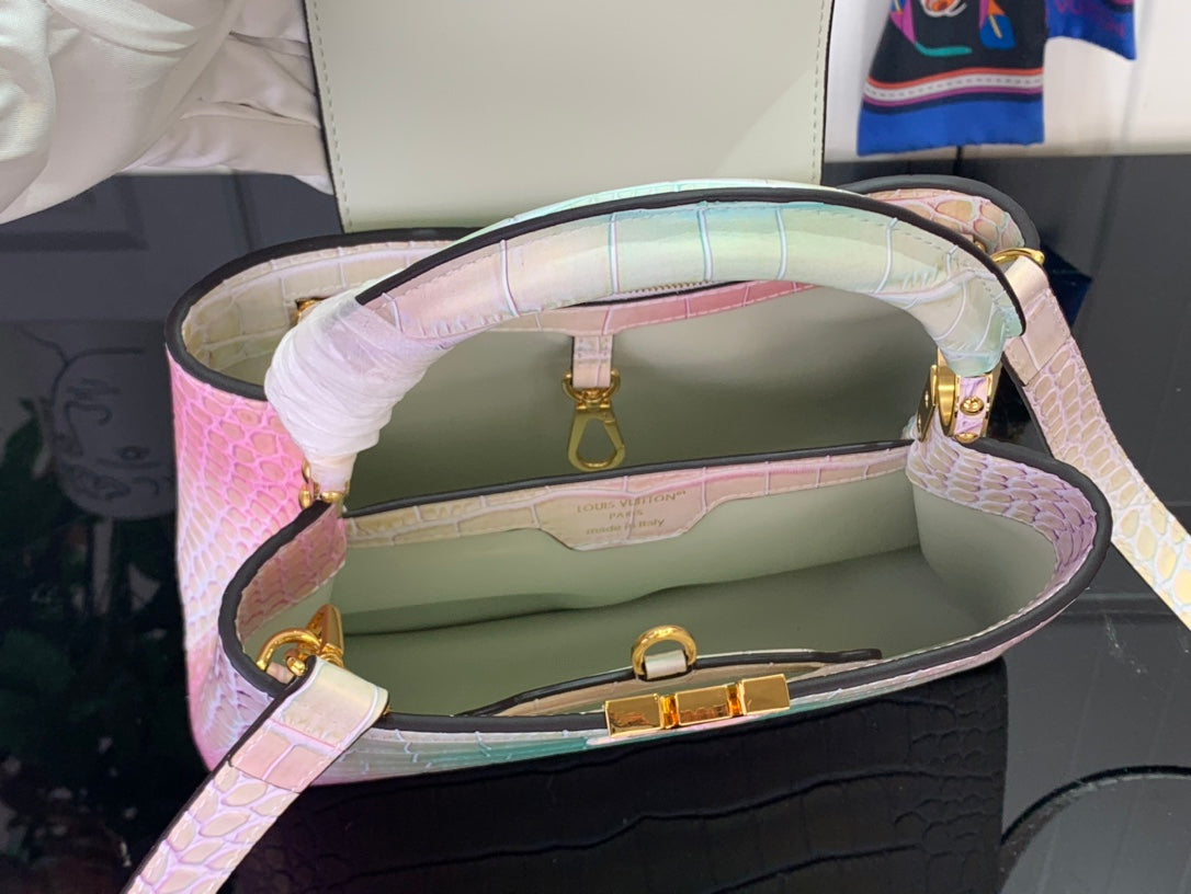 Louis Vuitton handbag open interior view with pastel croc exterior and top handle