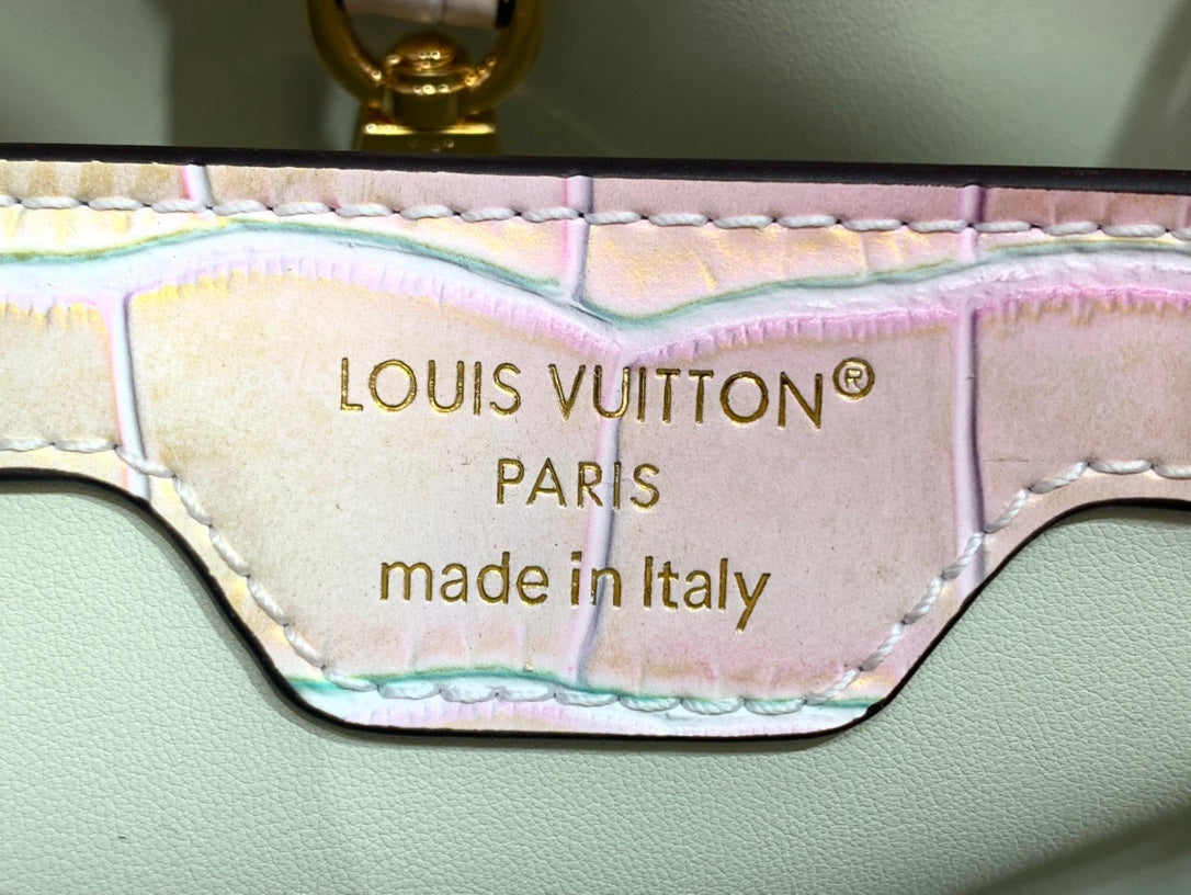 Louis Vuitton handbag label area showing "Louis Vuitton Paris" and "made in Italy"