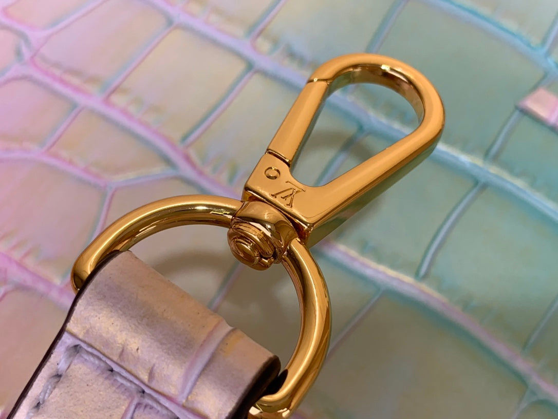 Louis Vuitton handbag close-up: gold clasp rings on pastel pink and blue croc leather