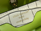 Interior leather label reading Louis Vuitton Paris, made in Italy on a light beige bag.