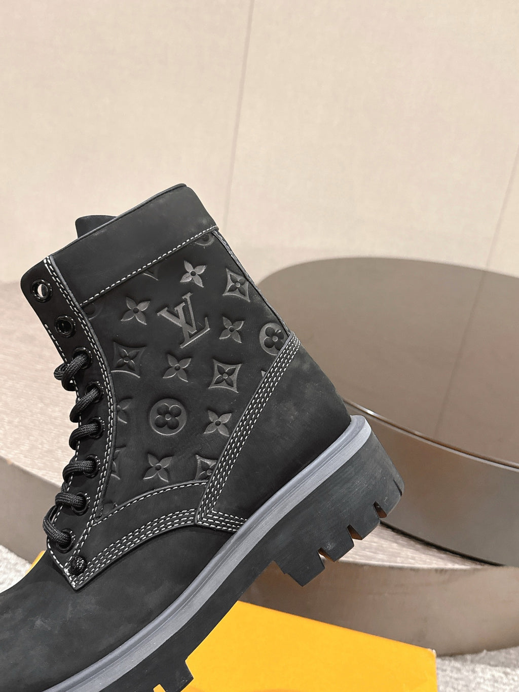 Louis Vuitton unisex black high-top boot with monogram side pattern, lace-up