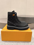 Louis Vuitton unisex black lace-up high-top boots, monogram panel, rubber sole