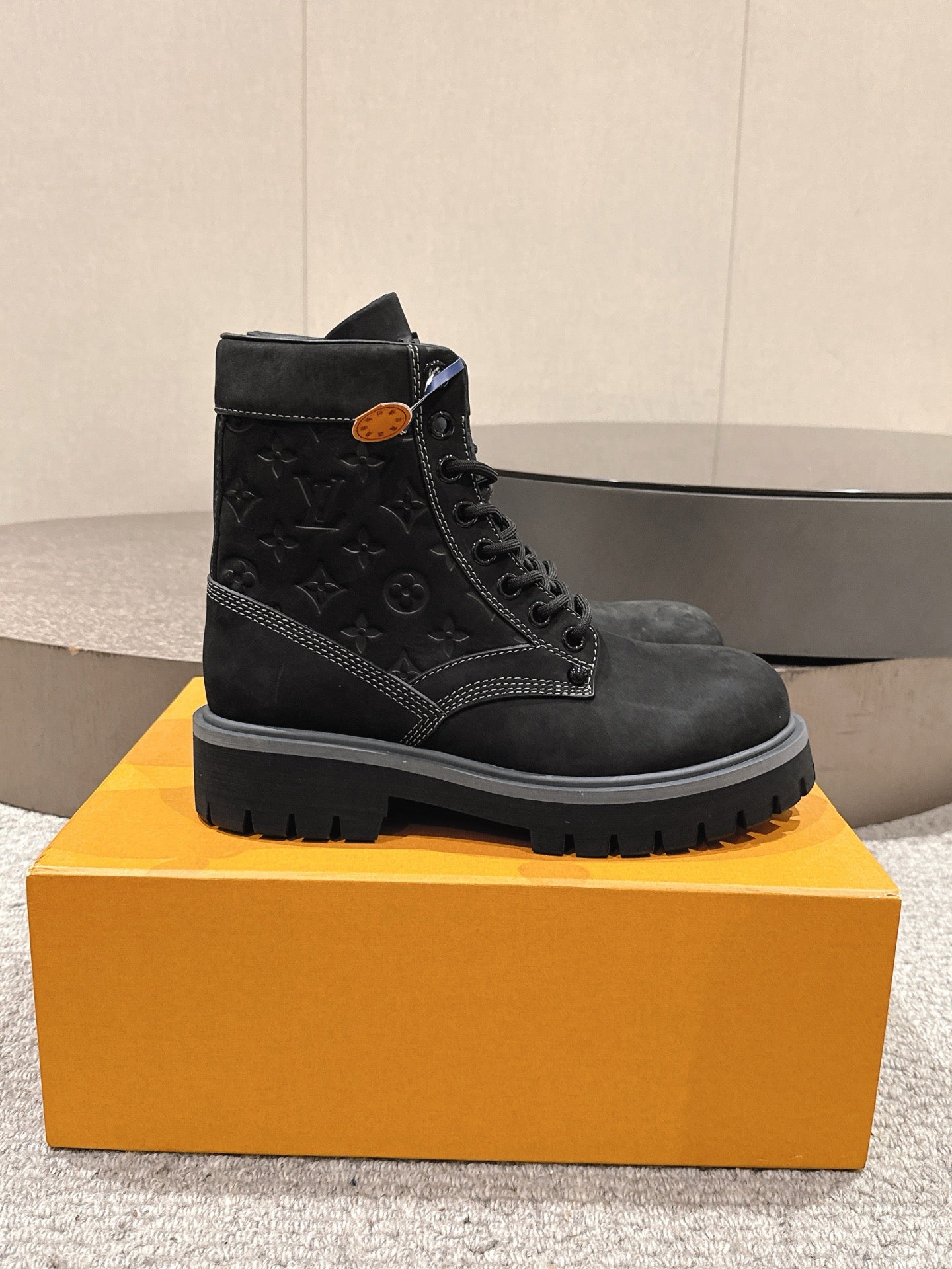 Louis Vuitton unisex black lace-up high-top boots, monogram panel, rubber sole
