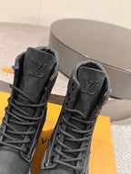 Louis Vuitton unisex black high-top boots, lace detail with LV emblem, rubber sole