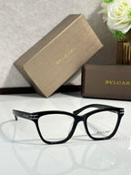 Bvlgari eyeglasses with black rounded rectangular frames and clear lenses