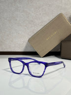 Bvlgari eyeglasses with blue rectangular frames and clear lenses