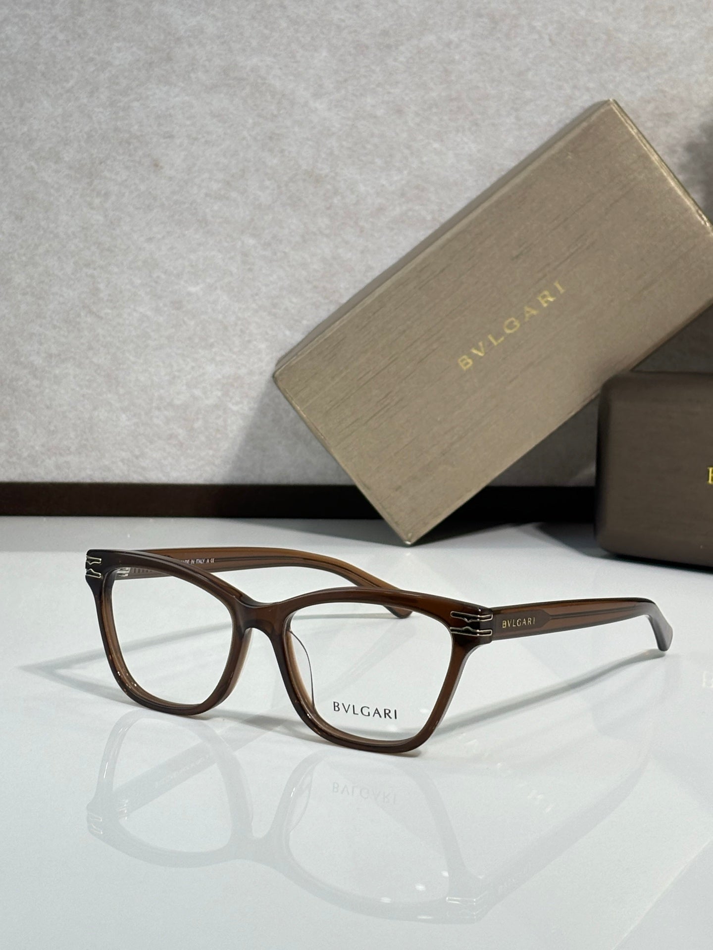 Bvlgari eyeglasses with brown rectangular frames and clear lenses