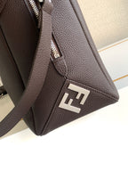 Fendi mini bag front panel with FF logo, dark brown pebbled leather