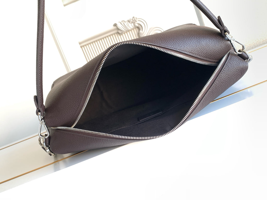 Fendi shoulder bag with open top zipper, dark brown pebbled leather interior