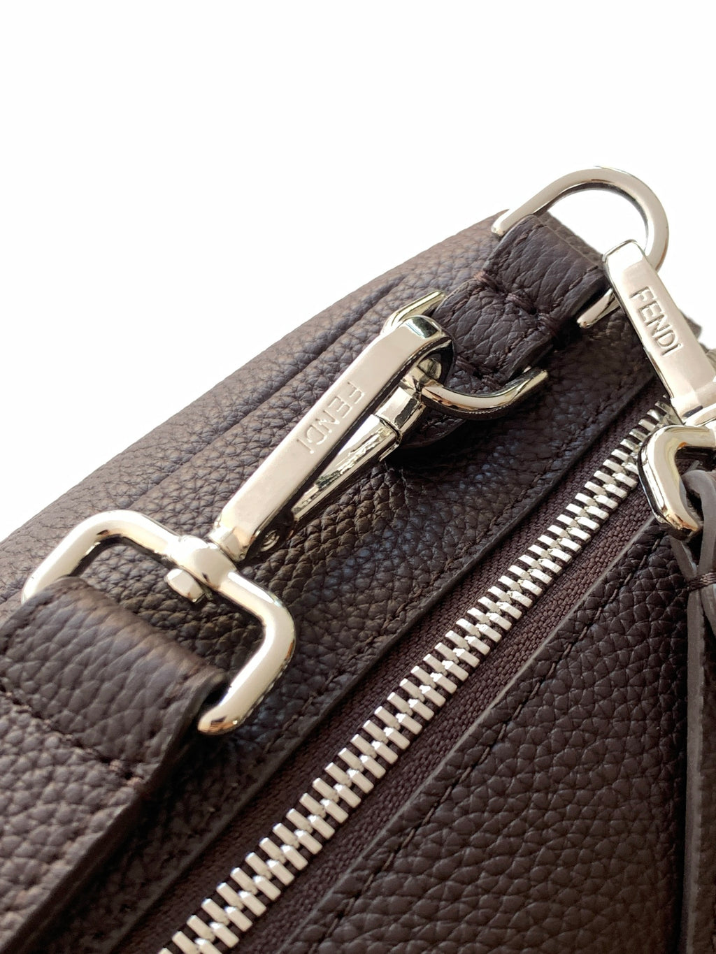 Fendi bag zipper and D-ring hardware, dark brown pebbled leather