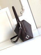 Fendi mini bag in dark brown pebbled leather, side strap and FF logo patch