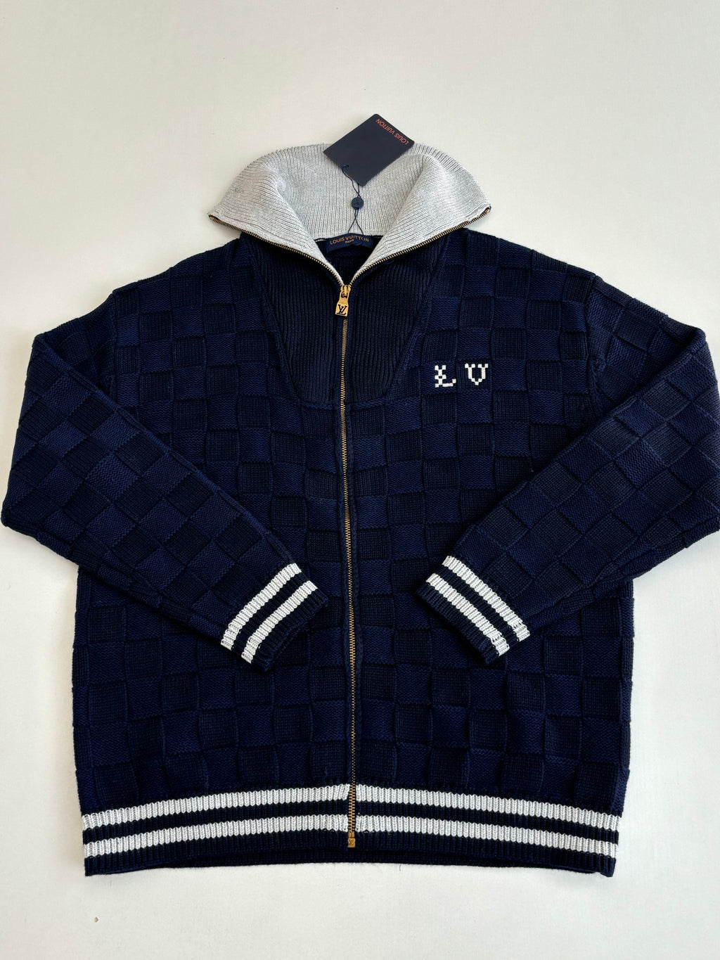 Louis Vuitton navy knit zip jacket with silver hood and chest logo patch
