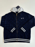 Louis Vuitton navy knit zip jacket with silver hood and chest logo patch