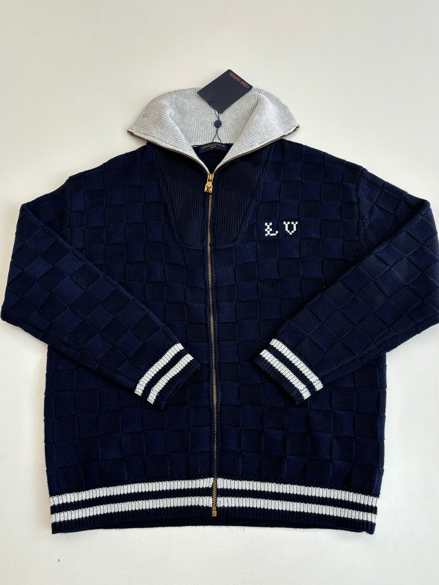 Louis Vuitton navy knit zip jacket with silver hood and chest logo patch