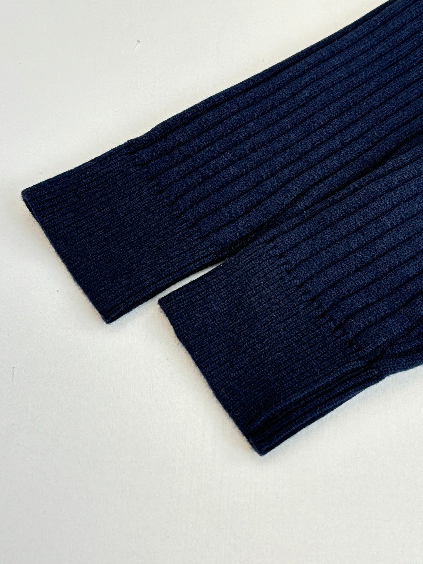 Navy knit sweater hem and sleeve cuff, ribbed texture