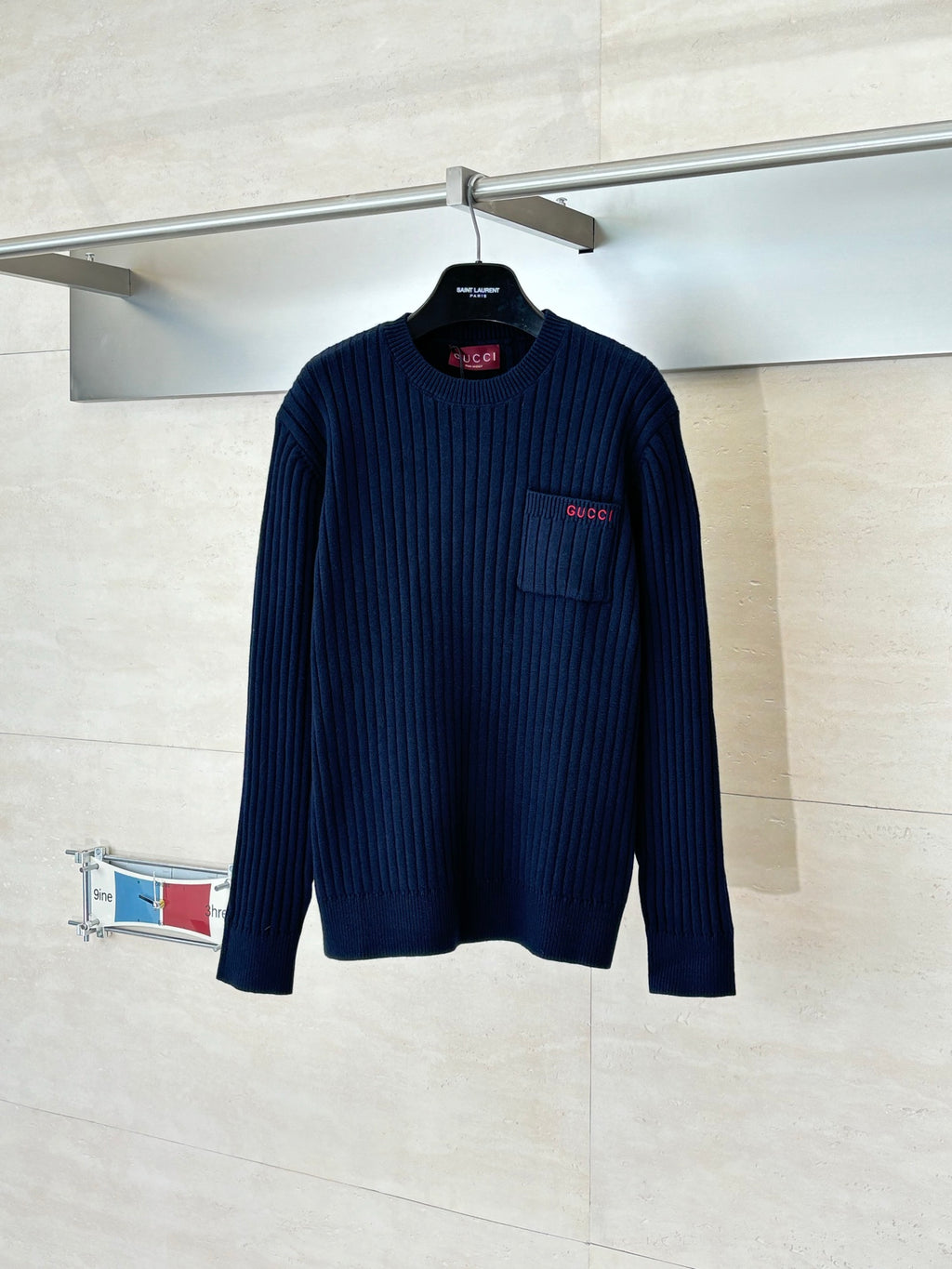 Gucci long-sleeve knit sweater, navy blue, crew neck, chest pocket