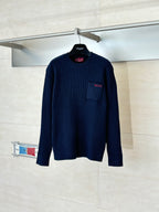 Gucci long-sleeve knit sweater, navy blue, crew neck, chest pocket