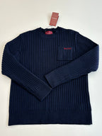 Navy blue long-sleeve knit sweater with pocket detail and Gucci logo