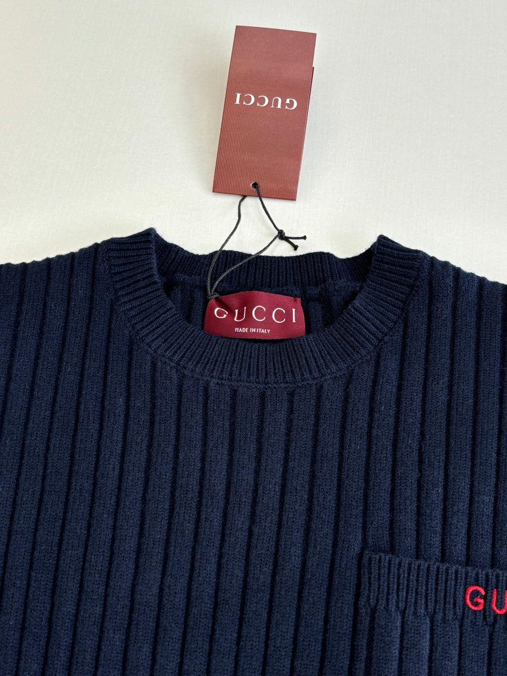 Crew-neck ribbed knit sweater with Gucci label at neckline, navy