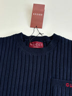 Crew-neck ribbed knit sweater with Gucci label at neckline, navy