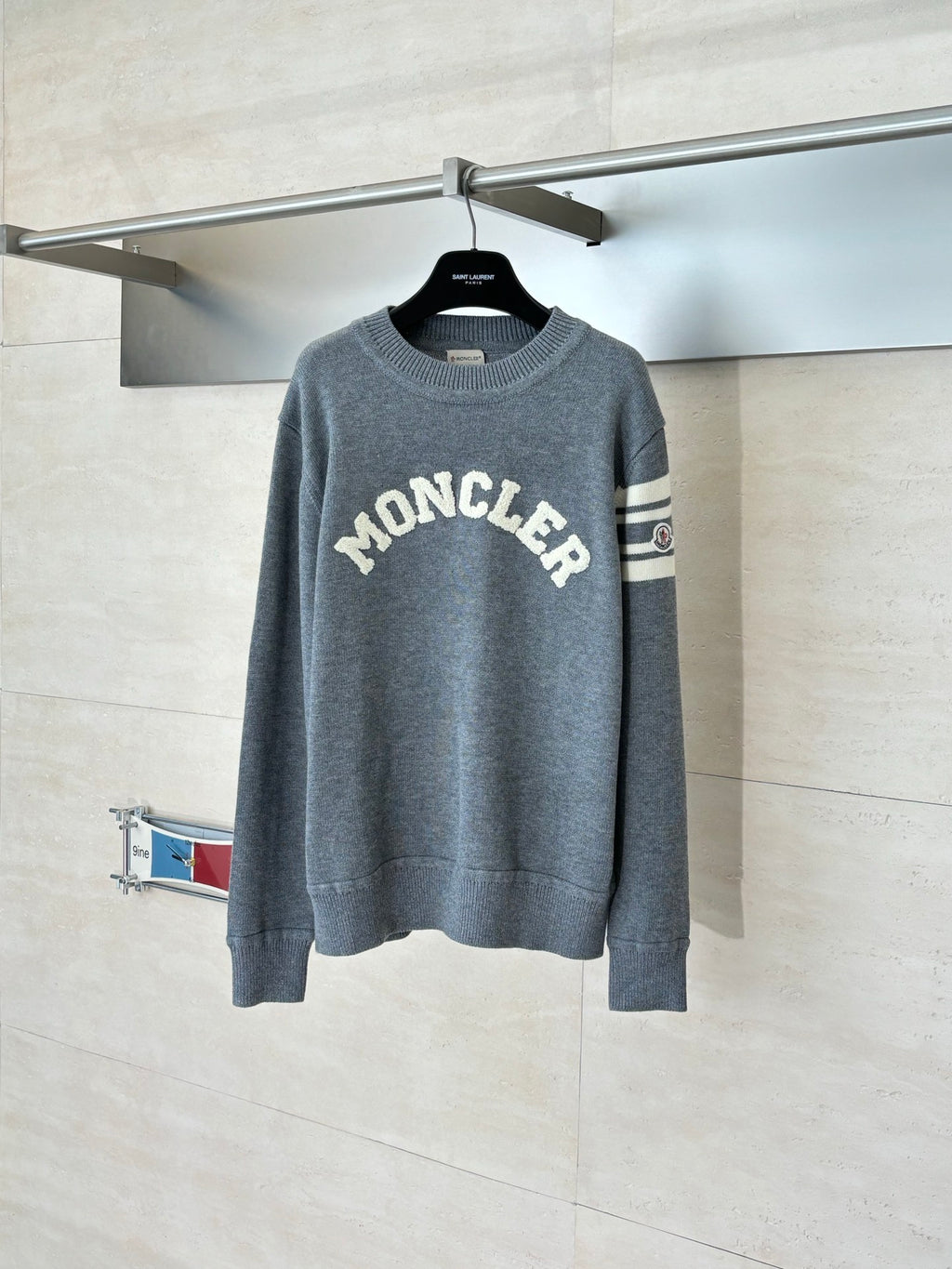Grey Moncler crewneck sweater with large front logo