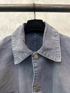 Collared long denim jacket in dark blue-gray with gold-tone buttons at front