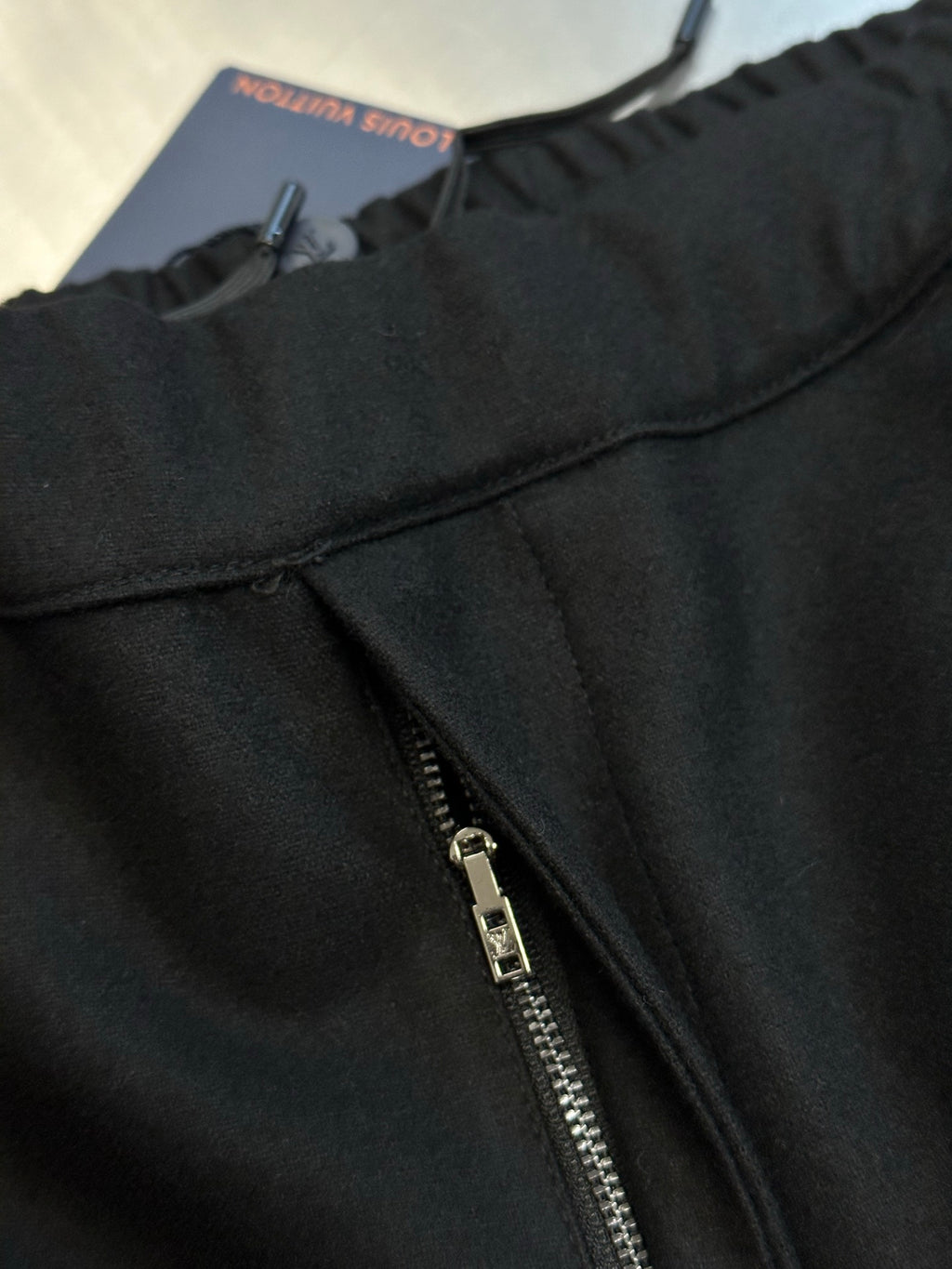 Louis Vuitton dark pants with front metal zipper and black drawstring