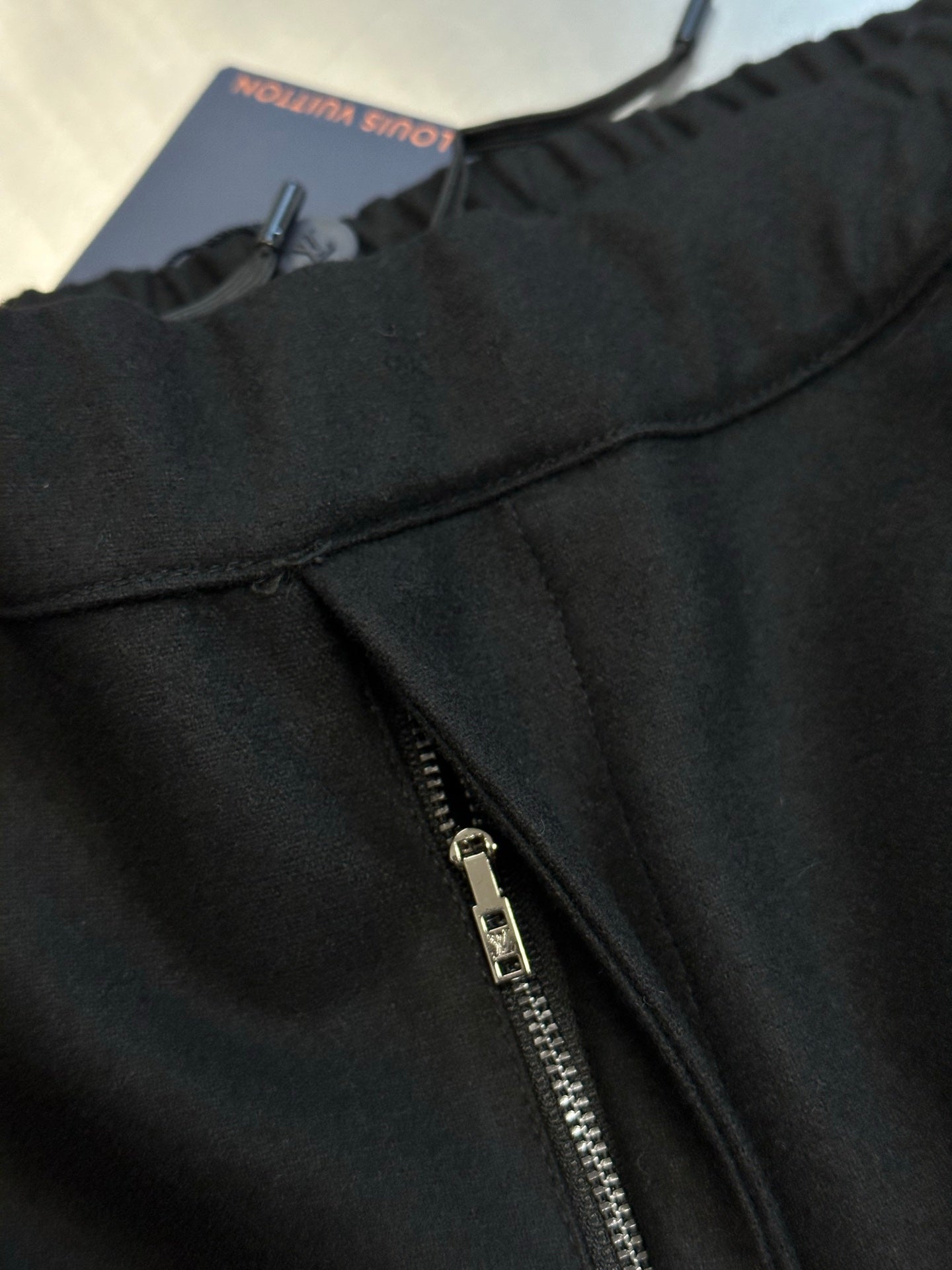 Louis Vuitton pants, black zipper detail at fly with drawstring top edge