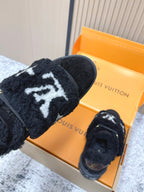 Louis Vuitton black plush slip-on sneakers with white star emblem and strap