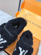 Louis Vuitton black plush slip-on sneakers with white star print and strap detail