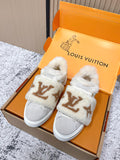 Shearling slip-on sneakers, light gray with tan monogram and white rubber sole