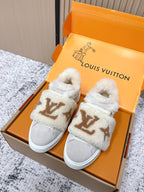 Shearling slip-on sneakers, light gray with tan monogram and white rubber sole