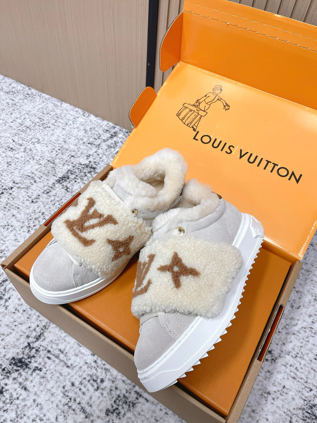 Shearling slip-on sneakers, light gray with tan monogram, white platform sole