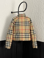 Burberry check puffer jacket back with hood and full-zip, beige navy and red