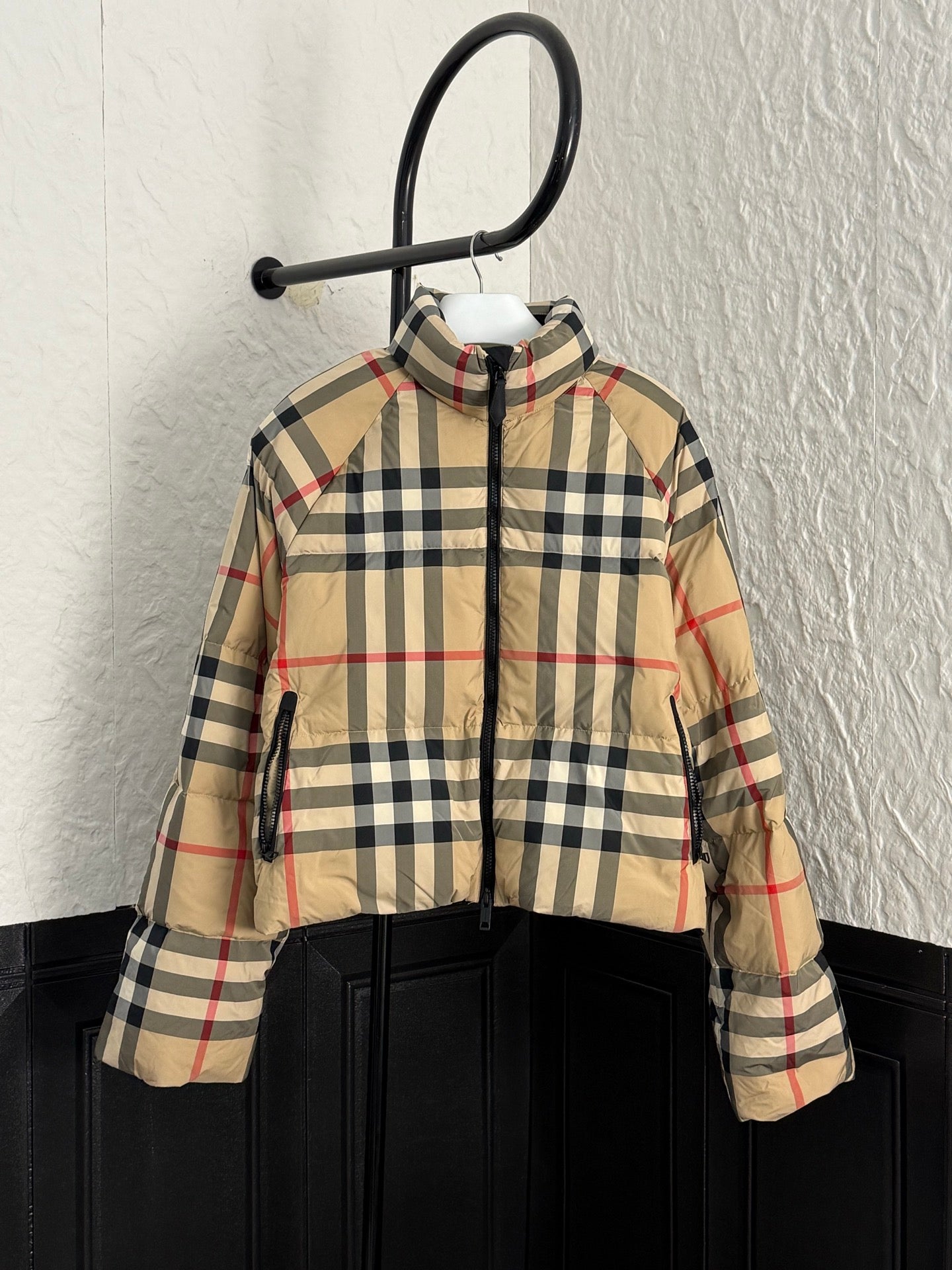 Burberry check puffer jacket with hood, full-zip front, beige navy and red
