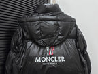 Black long puffer jacket back view with hood and MONCLER logo