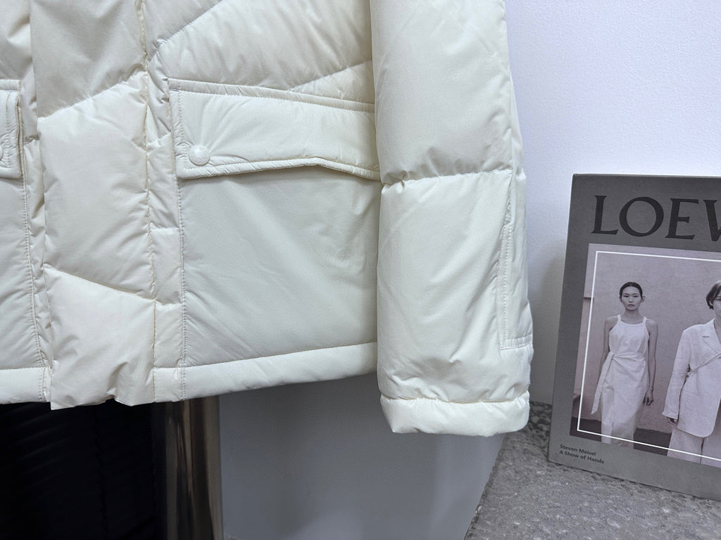 Moncler long white quilted puffer jacket with snap pocket flap and elastic cuffs