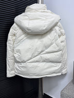 Moncler long white puffer jacket with attached hood and quilted back