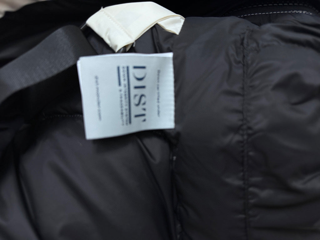 Moncler black puffer jacket with hanging label and high collar