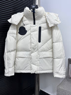 Moncler long white quilted puffer jacket with hood, navy zipper and button pockets